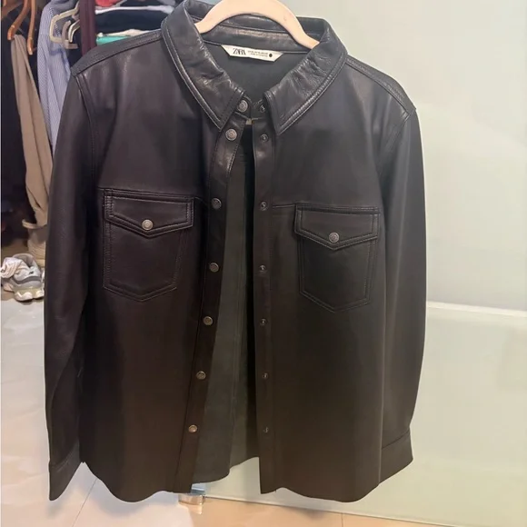 ZaraLeather Oversized Snap Front Shacket Shirt Size XL - Picture 2 of 5